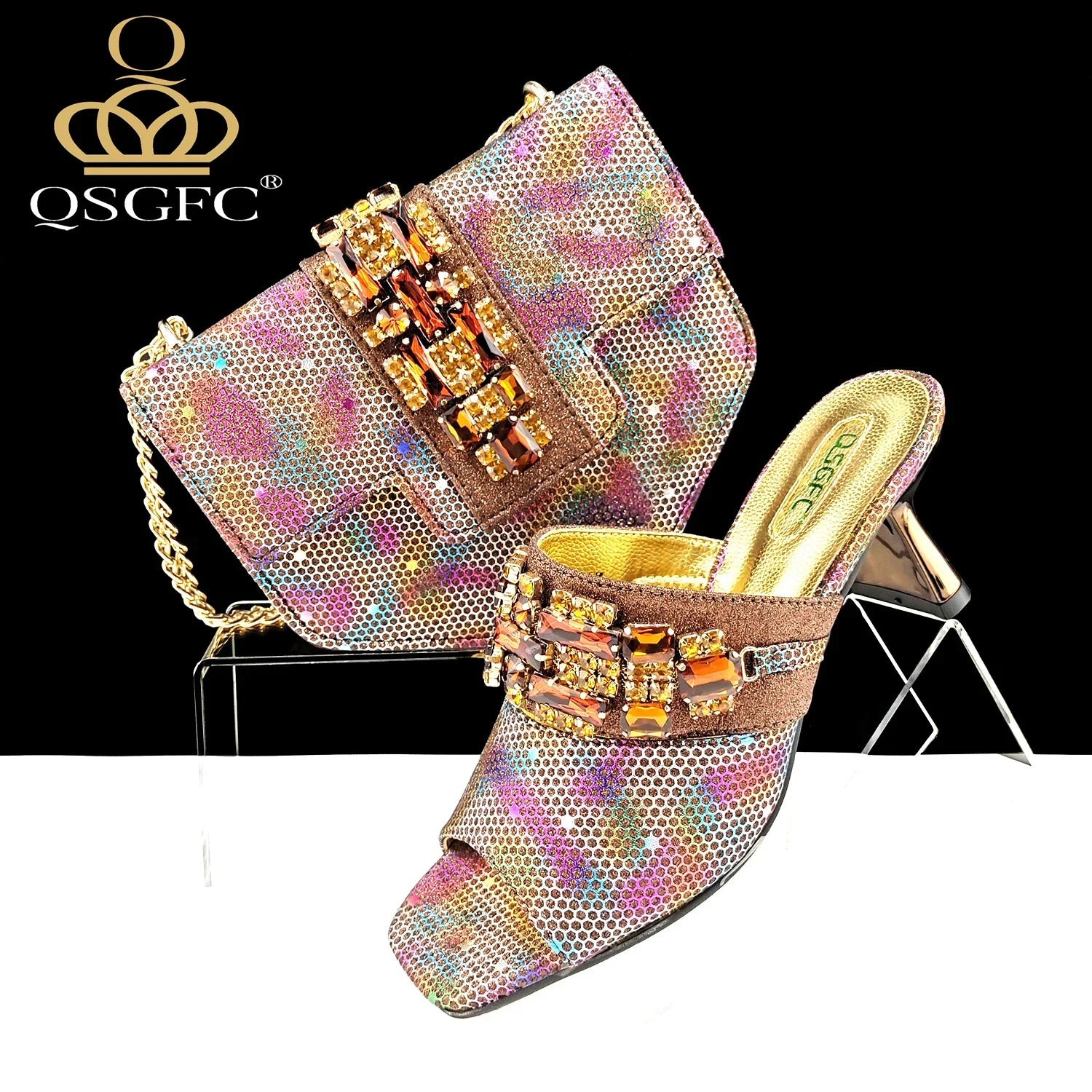 High heel pumps by QSGFC in gold with a unique square toe, designed for comfort and sophistication.