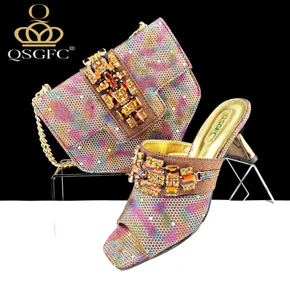 High heel pumps by QSGFC in gold with a unique square toe, designed for comfort and sophistication.