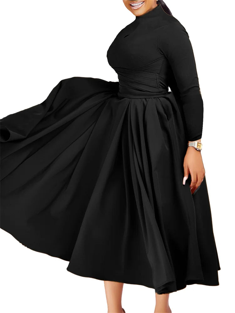 Side view of Wmstar Plus Size Women's African Dress worn at a party, exemplifying chic style with a slight stretch design for a flattering fit.