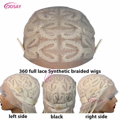 Detailed view of the 360 full lace design of the 36-inch Premium Heart Box Braided Lace Front Wig, representing high-quality synthetic lace and excellent style versatility.