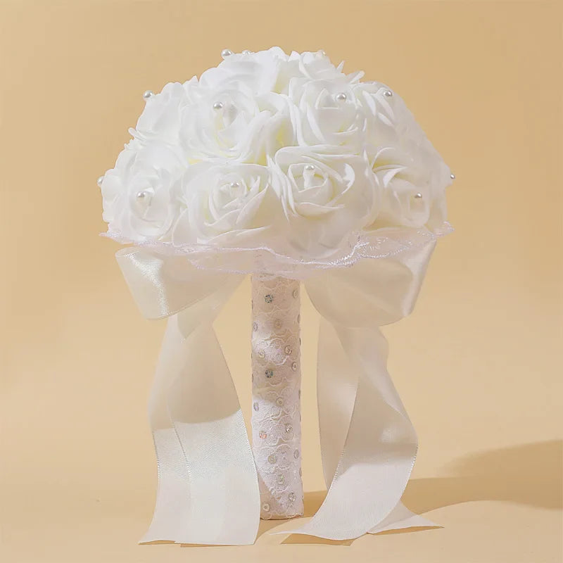 Handmade elegant foam rose wedding bouquet, ideal for brides and bridesmaids, measuring 24x16cm, crafted from high-quality polyester in luxurious design.