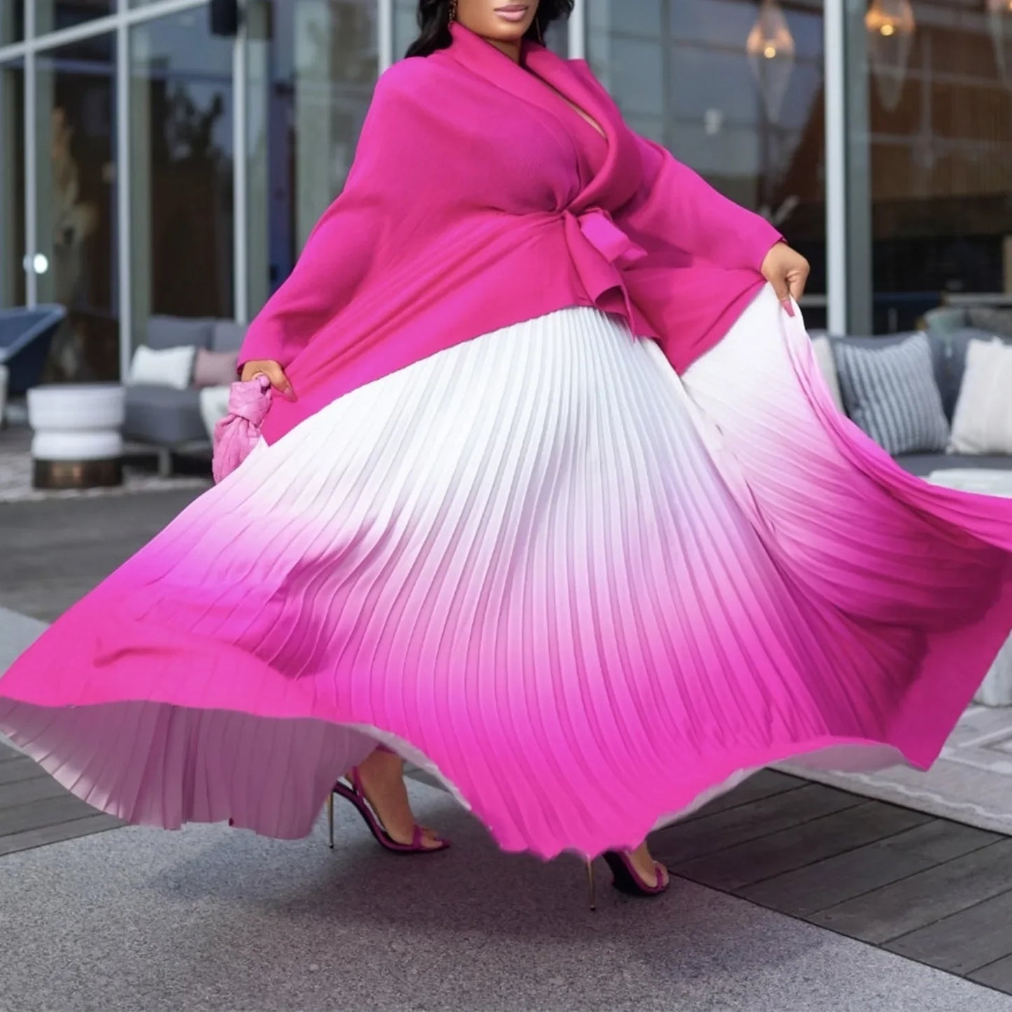 Detailed view of the CM.YAYA Women's 2 Piece Blouse and Skirt Set, featuring batwing sleeves and a modern V-neck design.