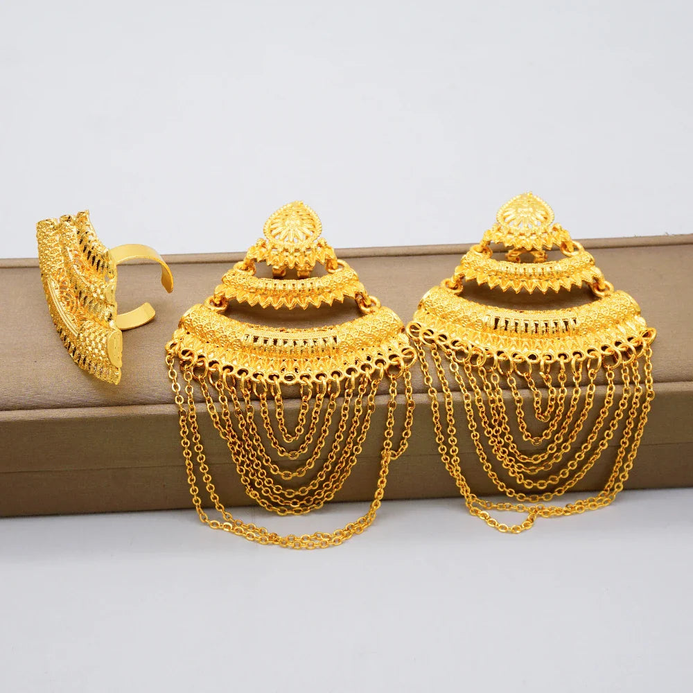 Stylish Geometric African Gold Drop Earrings featuring long tassels, perfect for enhancing elegance on special occasions.