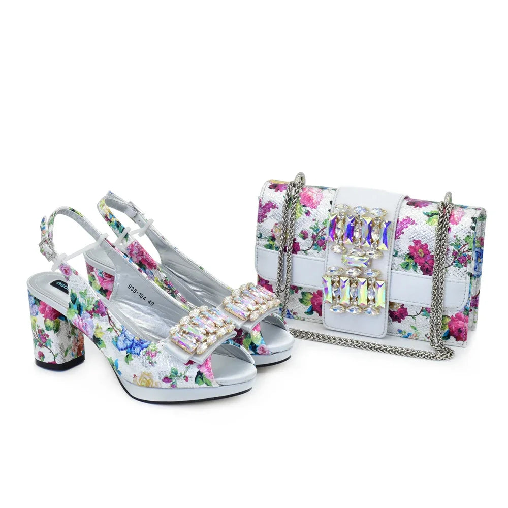 Close-up of luxurious purple peep toe pumps with a delicate buckle strap, complemented by a stylish handbag, ideal for weddings and parties.