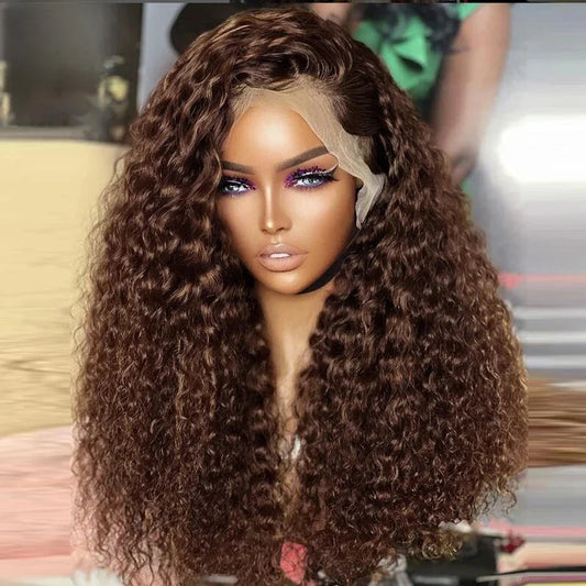 Luxury 250% Density 36 Inch Chocolate Brown Kinky Curly 13x4 HD Lace Front Wig, showcasing natural curls and high quality Remy Brazilian human hair.