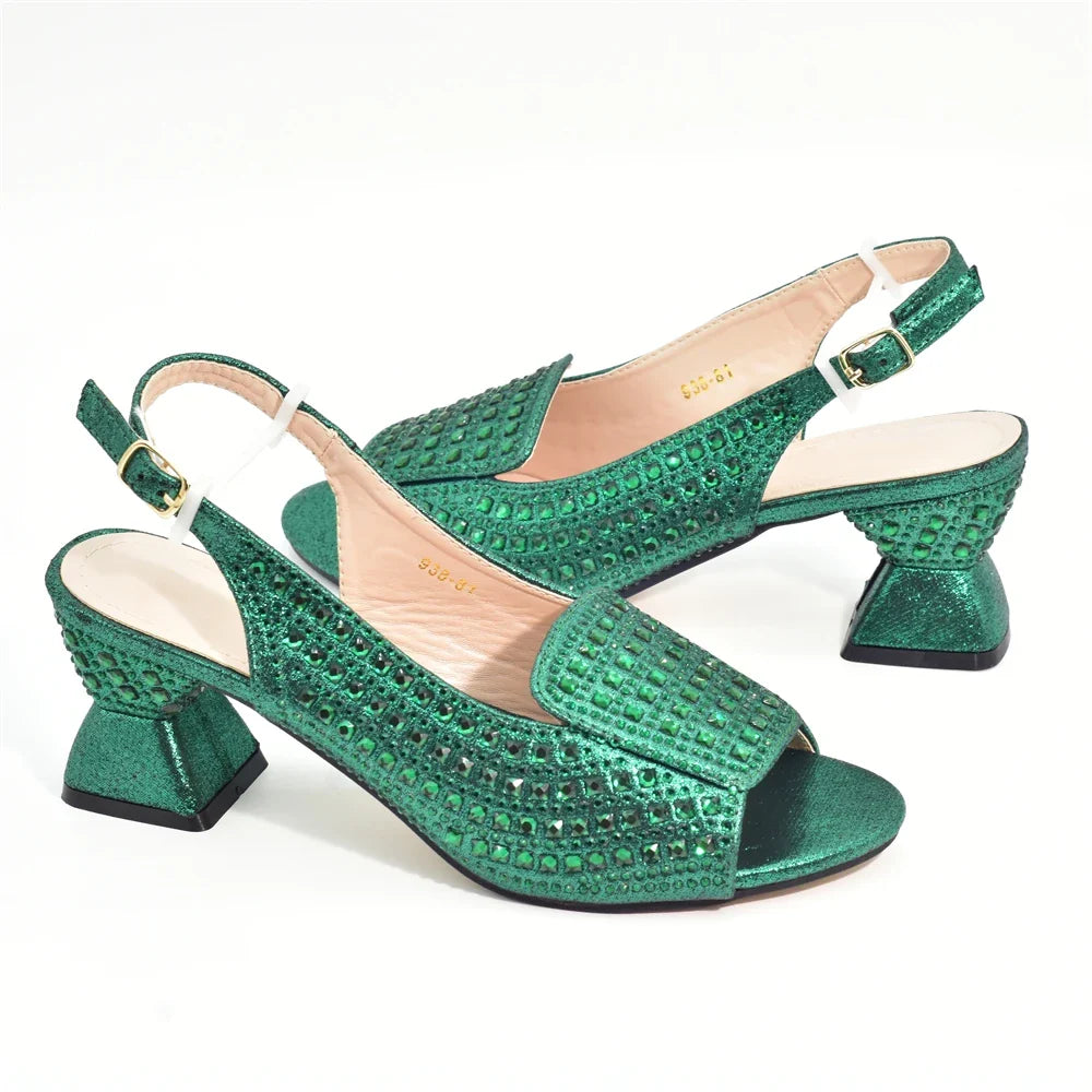 Chic women's handbag designed to complement elegant Italian high heel pumps, featuring exquisite rhinestone decorations.