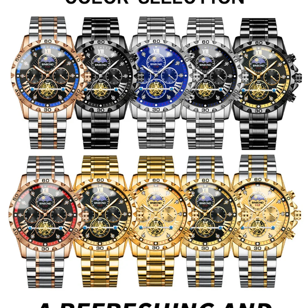 Close-up of luxury men's quartz watch with Roman numeral dial and luminous hands, showcasing its exceptional craftsmanship and style.