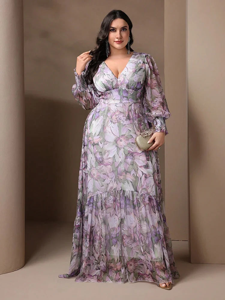 TOLEEN Plus Size Women’s V-Neck Floral Print Long Dress featuring elegant lantern sleeves and soft ruffles, perfect for a luxurious spring/summer look.