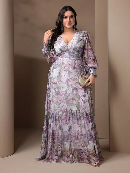 TOLEEN Plus Size Women’s V-Neck Floral Print Long Dress featuring elegant lantern sleeves and soft ruffles, perfect for a luxurious spring/summer look.