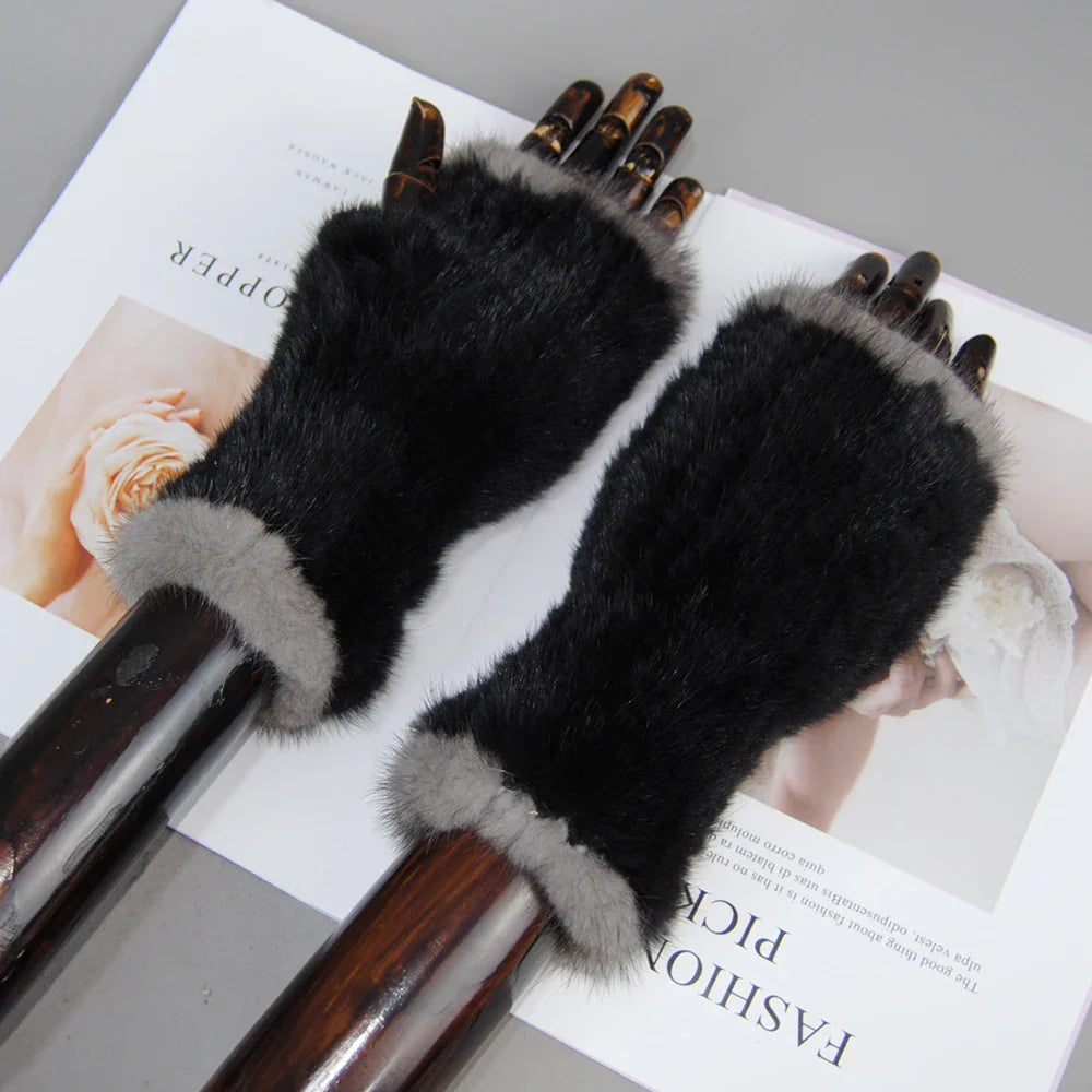 High-quality women's half finger gloves made from genuine mink fur, offering a fashionable touch for winter styling.