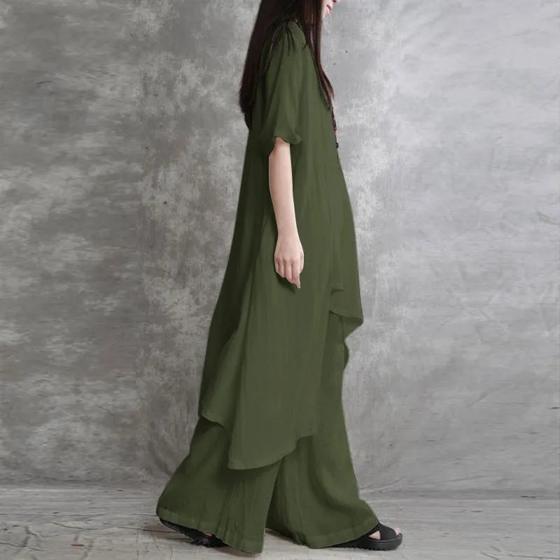 Women’s luxury cotton linen 2-piece set featuring a casual loose blouse and high waist wide leg trousers in a sophisticated design.