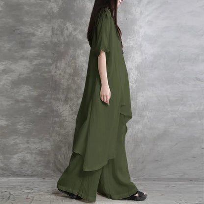 Women’s luxury cotton linen 2-piece set featuring a casual loose blouse and high waist wide leg trousers in a sophisticated design.