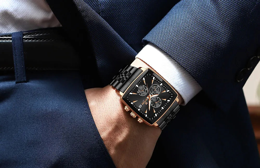 Men's luxury smartwatch displayed in a fashionable setting, demonstrating its versatility for both casual and formal wear.