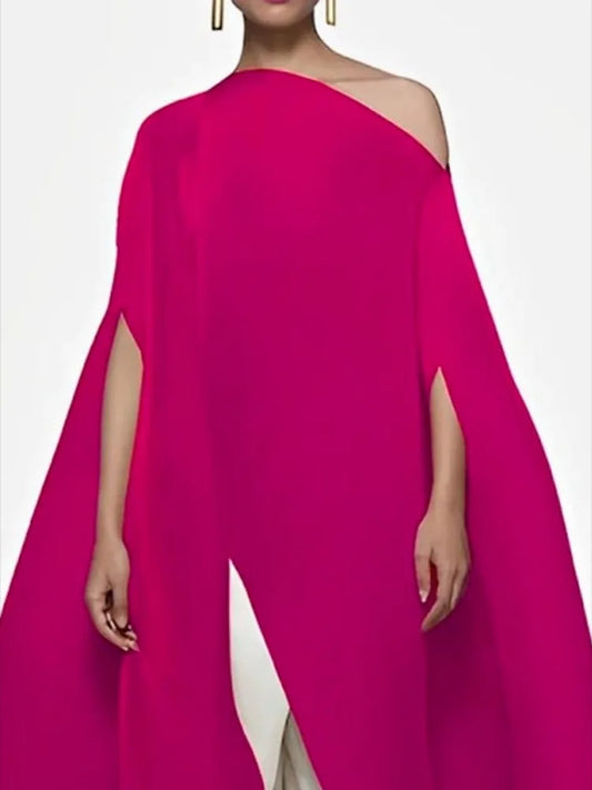 Elegant women's diagonal collar one-shoulder X-long T-shirt in solid colour featuring a luxurious batwing sleeve design, perfect for summer styling.