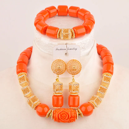 Artistic arrangement of the Nigerian bridal jewelry set with a focus on the necklace and earrings, demonstrating the exquisite craftsmanship of artificial coral and copper alloy.
