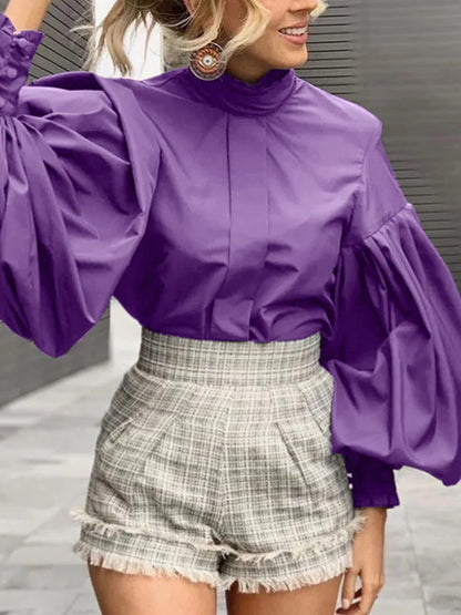 Stylish ZANZEA oversized purple blouse displayed on a mannequin, featuring a trendy stand collar and lantern sleeves for a fashionable spring/summer look.