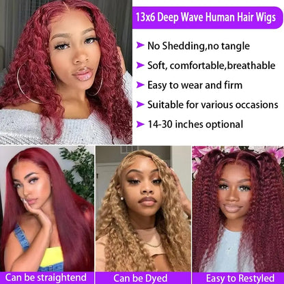 Luxurious 99J Burgundy Curly Wig featuring a transparent 13x4 lace front and exquisite deep wave texture, showcasing premium Brazilian Remy human hair, 26 inches long.