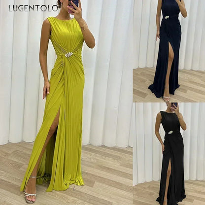Elegant women's sleeveless A-line dress with empire waist, round neck, and ankle-length design perfect for upscale parties and special occasions.