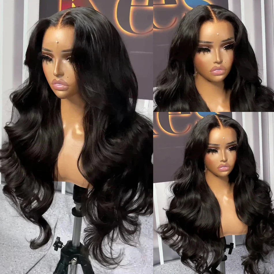 Close-up view of the luxury body wave lace front wig, highlighting the fine Swiss lace base and hand-tied construction for a natural and comfortable fit.
