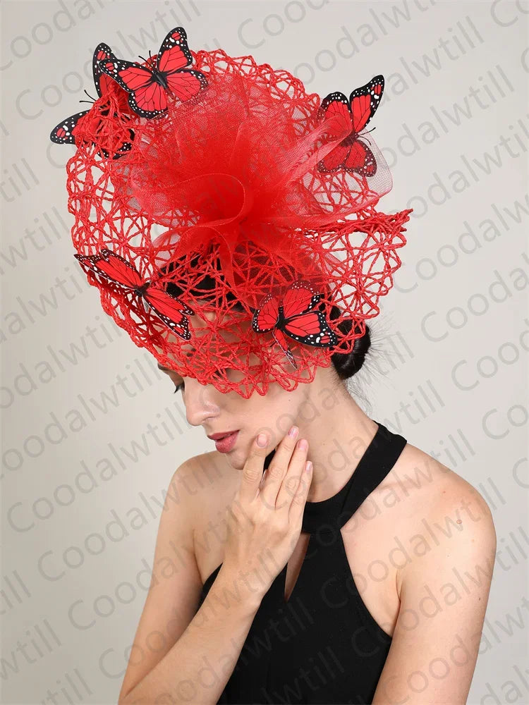 Side view of the luxurious Butterfly Fascinator Headpiece showcasing intricate floral details, perfect for church events and derby celebrations.