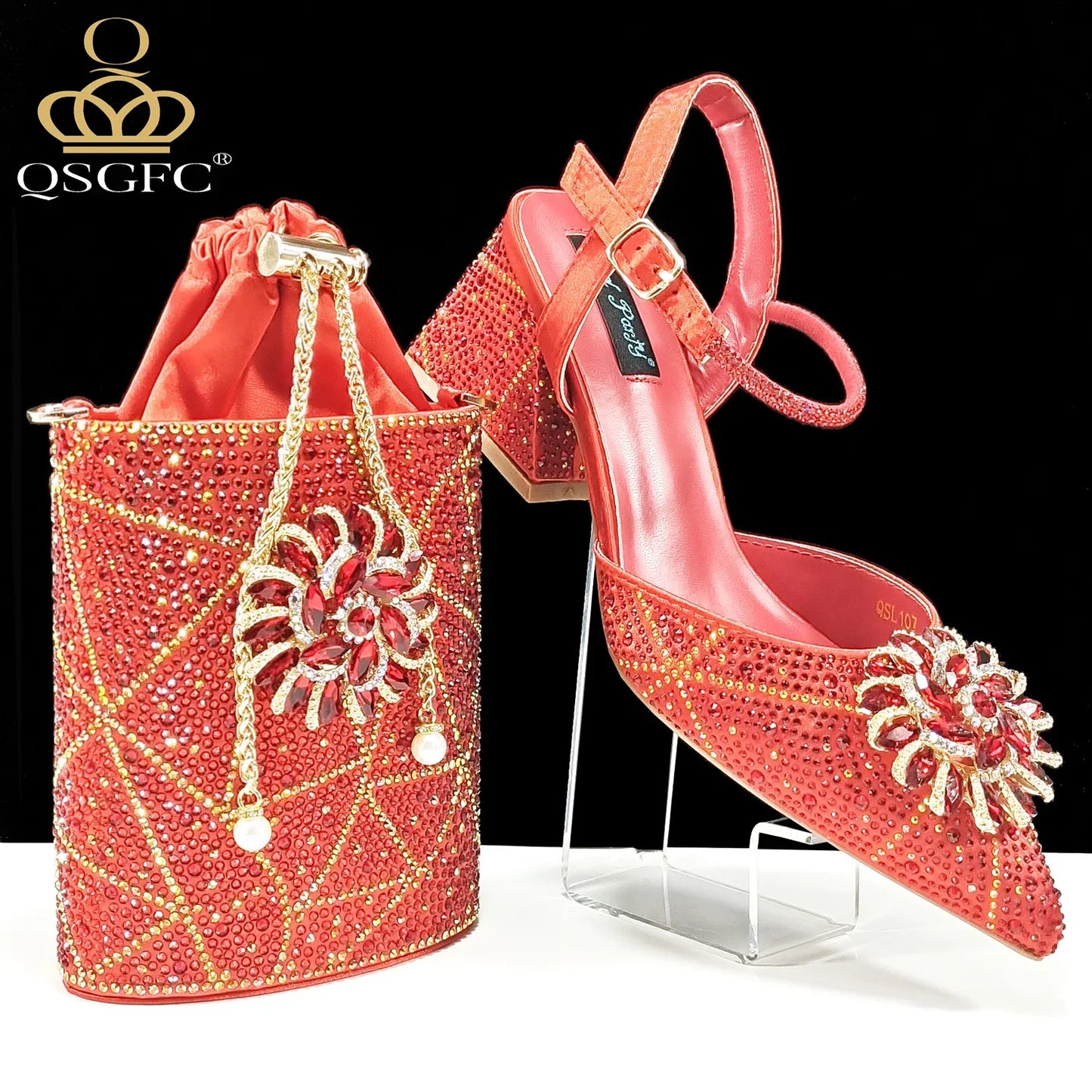 Stylish QSGFC Diamond Bag paired with women's high heel pumps, showcasing luxury and fashion-forward design perfect for parties and formal events.