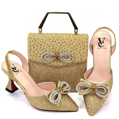 Elegant summer party outfit featuring luxury women's rhinestone bow shoes paired with a stylish handbag, ideal for upscale events.