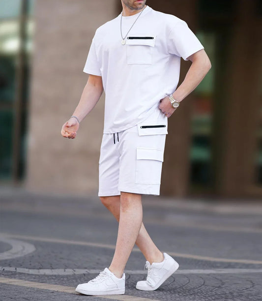 Luxurious men's casual summer outfit featuring a multi-pocket utility t-shirt and shorts set, ideal for laid-back outdoor occasions.