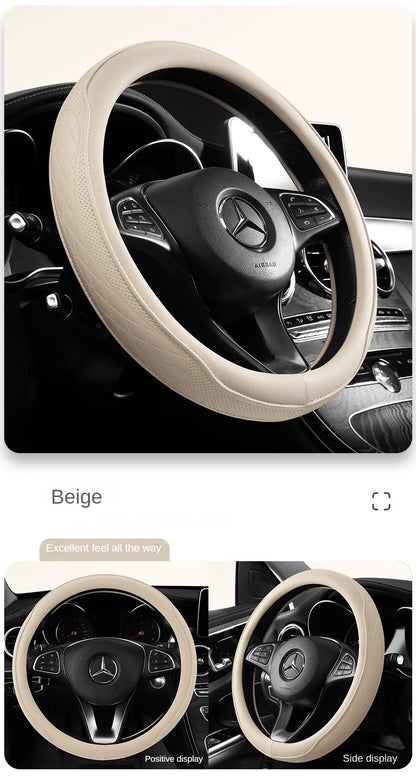 Sleek Napa leather steering wheel cover on a modern car steering wheel, demonstrating its universal fit and stylish aesthetics.