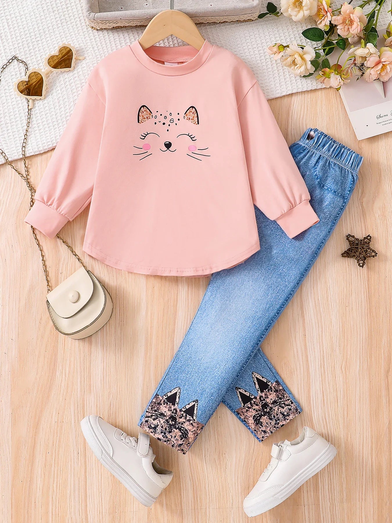 Luxurious girls' 2-piece fashion set featuring a cute micro-elastic pink cartoon long sleeve top for ages 4-6 years, paired perfectly with slim denim pants.