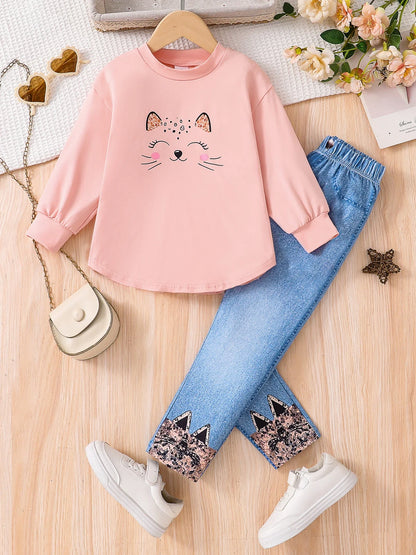 Luxurious girls' 2-piece fashion set featuring a cute micro-elastic pink cartoon long sleeve top for ages 4-6 years, paired perfectly with slim denim pants.