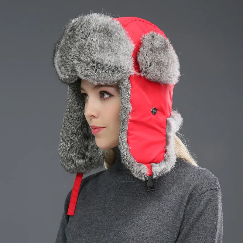 Chic unisex faux fur bomber hat, expertly crafted for style and warmth during winter outings.