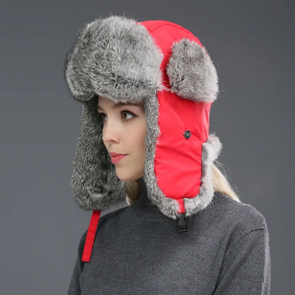 Chic unisex faux fur bomber hat, expertly crafted for style and warmth during winter outings.