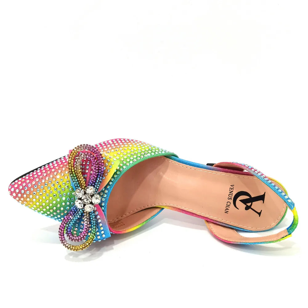 Chic summer party shoes with pointed toe and rhinestone embellishments, creating an alluring aesthetic for upscale social events.