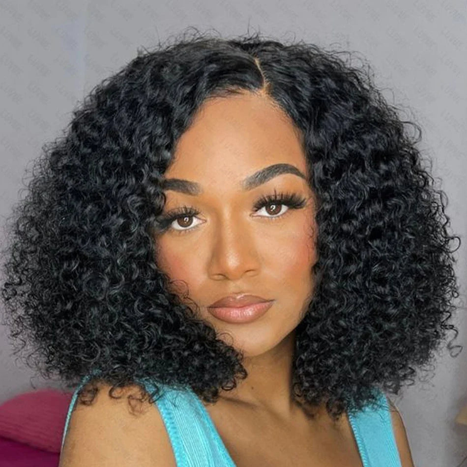 High-quality Mongolian Kinky Curly Wig with transparent lace front, highlighting its impeccable craftsmanship and luxurious curls for a sophisticated appearance.