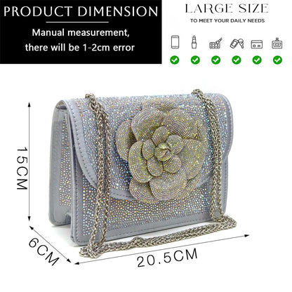 Luxurious matching bag from the women's pump and bag set, featuring a metal handle and long chain strap, adorned with beautiful floral accents and rhinestones.