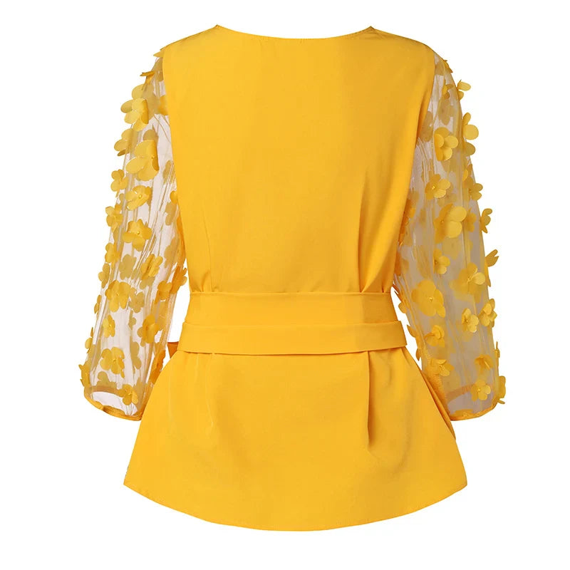 Luxurious plus size 5XL VONDA women's mesh blouse in elegant floral patchwork design, showcasing a loose fit and stylish sashes.