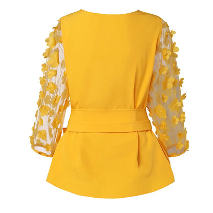 Luxurious plus size 5XL VONDA women's mesh blouse in elegant floral patchwork design, showcasing a loose fit and stylish sashes.