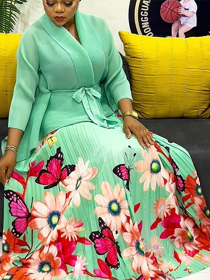 Model wearing the EGRM Luxury Plus Size 2-Piece Autumn Skirt Set, demonstrating its flattering fit and chic style suitable for various occasions.