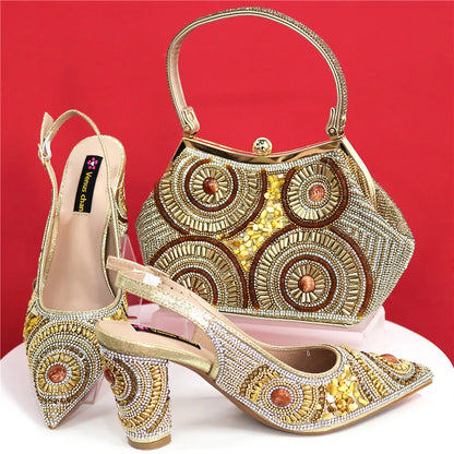 Sophisticated handbag with metal handle and long chain shoulder strap, complementing the elegant pointed toe pumps, designed for stylish women.