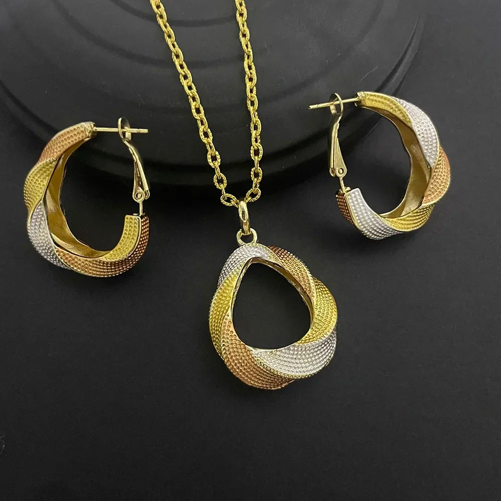 Elegant 24K gold-plated jewelry set for women, comprising a sophisticated necklace and matching earrings, perfect for weddings and anniversaries.