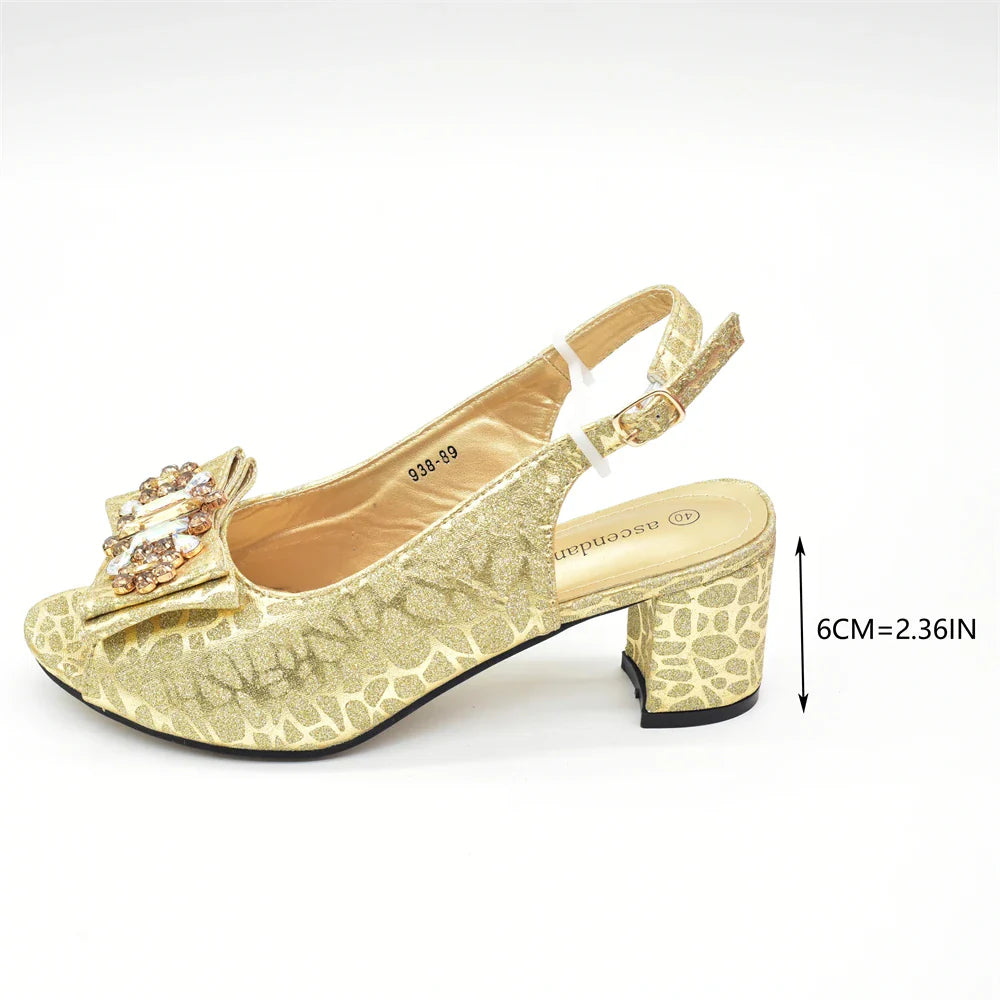 Refined gold slingback heeled pumps paired with a chic matching handbag, ideal for summer occasions.