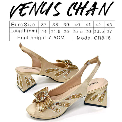 Luxurious Venus Chan purple peep toe high heels adorned with rhinestones, designed for women, set against an elegant backdrop