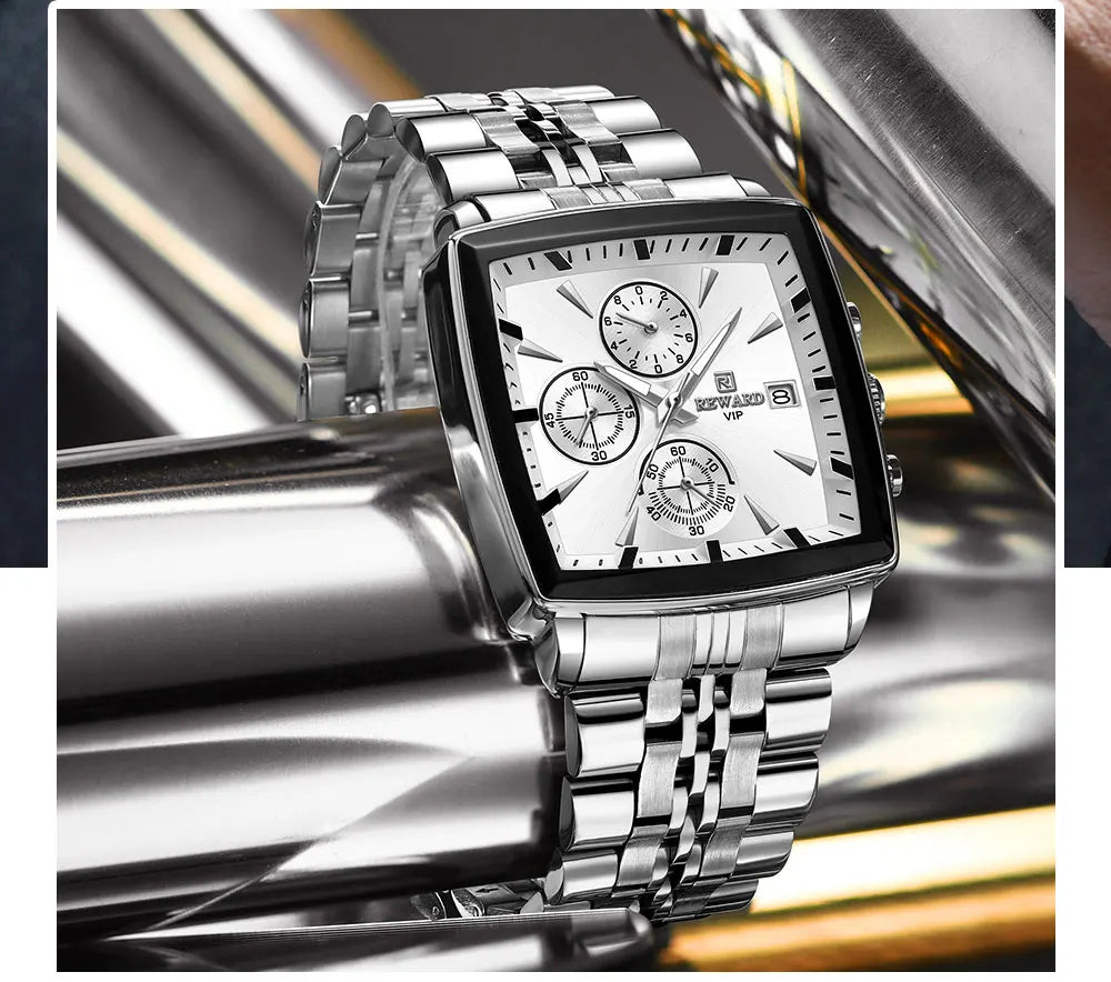 Close-up of the luminous dial on the men's luxury quartz watch, showcasing Arabic numeral markers and premium hardlex glass.