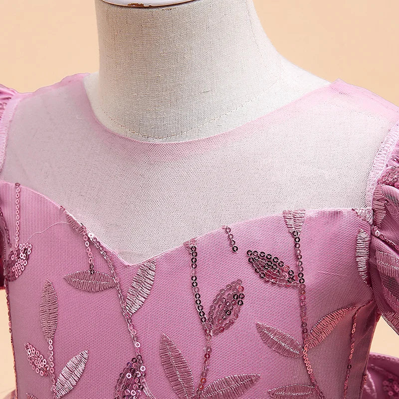 Lovely Girls' Evening Dress with classic ball gown silhouette, designed for special occasions, beautifully adorned with decorative bows and available in various sizes.