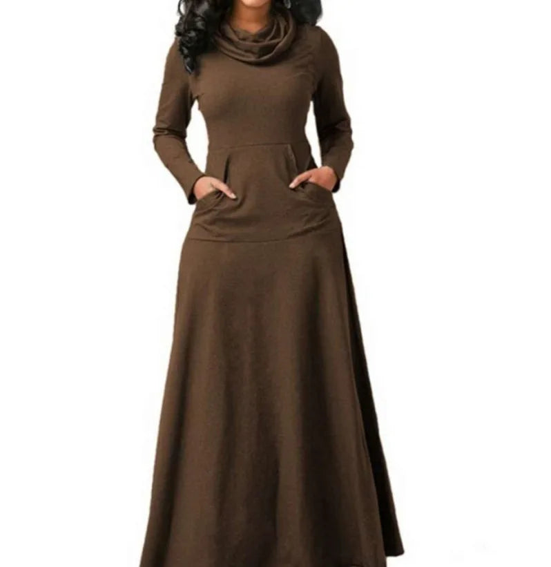 Stylish Plus Size Maxi Dress with High Collar and Long Sleeves from Hot Trends Area, blending comfort with sophistication.