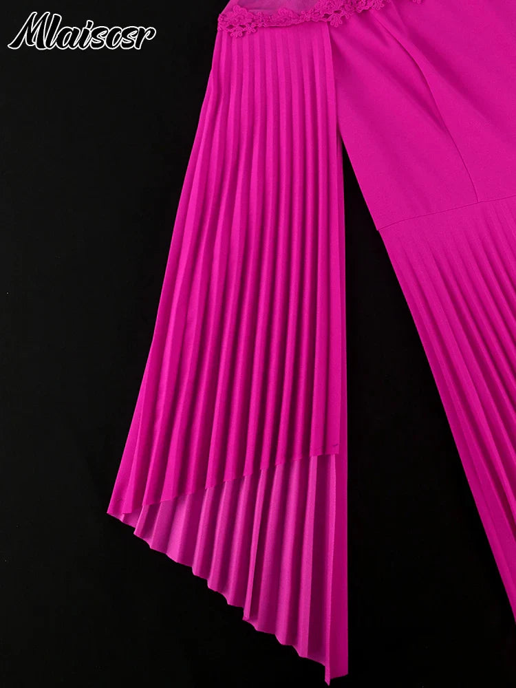 Close-up of Mlaiscsr women's luxury A-line pleated evening dress showcasing intricate mesh detail and luxurious fabric.