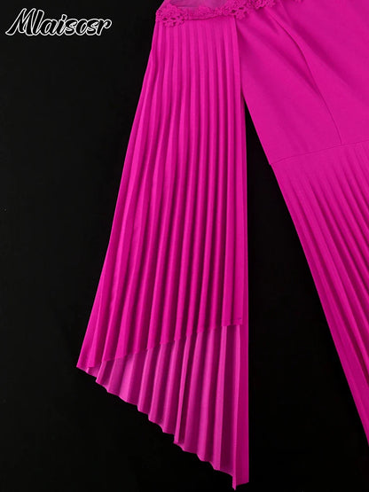 Close-up of Mlaiscsr women's luxury A-line pleated evening dress showcasing intricate mesh detail and luxurious fabric.