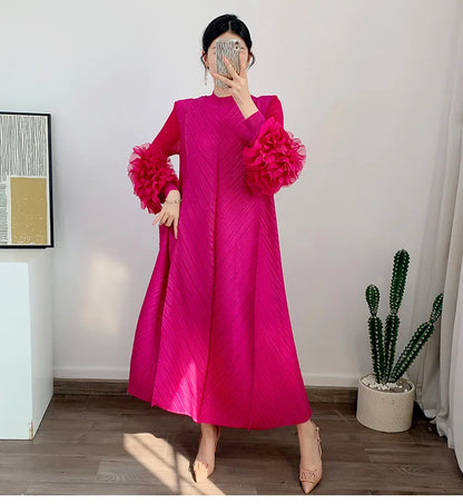 Elegant ankle-length Maxi Dress featuring stylish pleated design, petal sleeves, and a sophisticated half turtleneck for women, perfect for formal occasions.