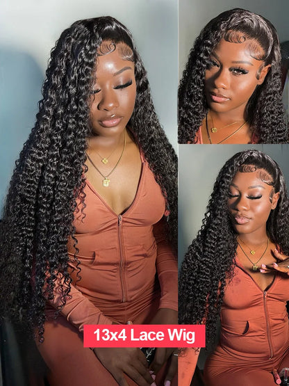 Elegant display of a long deep wave lace frontal wig, measuring from 20 to 40 inches, emphasising the luxurious appeal of the Remy human hair.