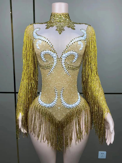 Close-up view of the exquisite fringe detailing and pearl accents on a Luxury Women's Cha-Cha Dance Practice Suit, perfect for stylish performances.